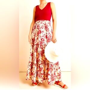 Anthropologie Maeve Trudie Tiered Floral Maxi Sleeveles Dress Small Red …